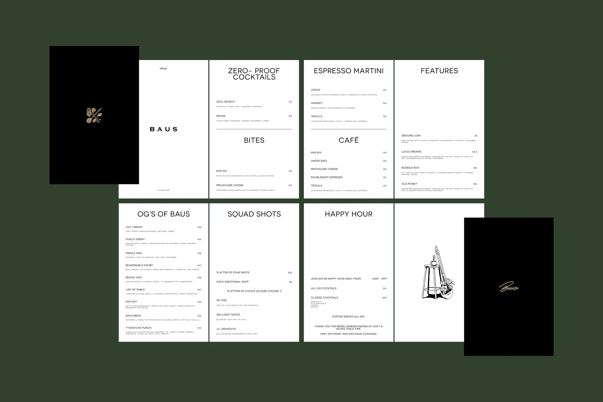 Baus menu system: cocktails, coffee, bites and happy hour pages