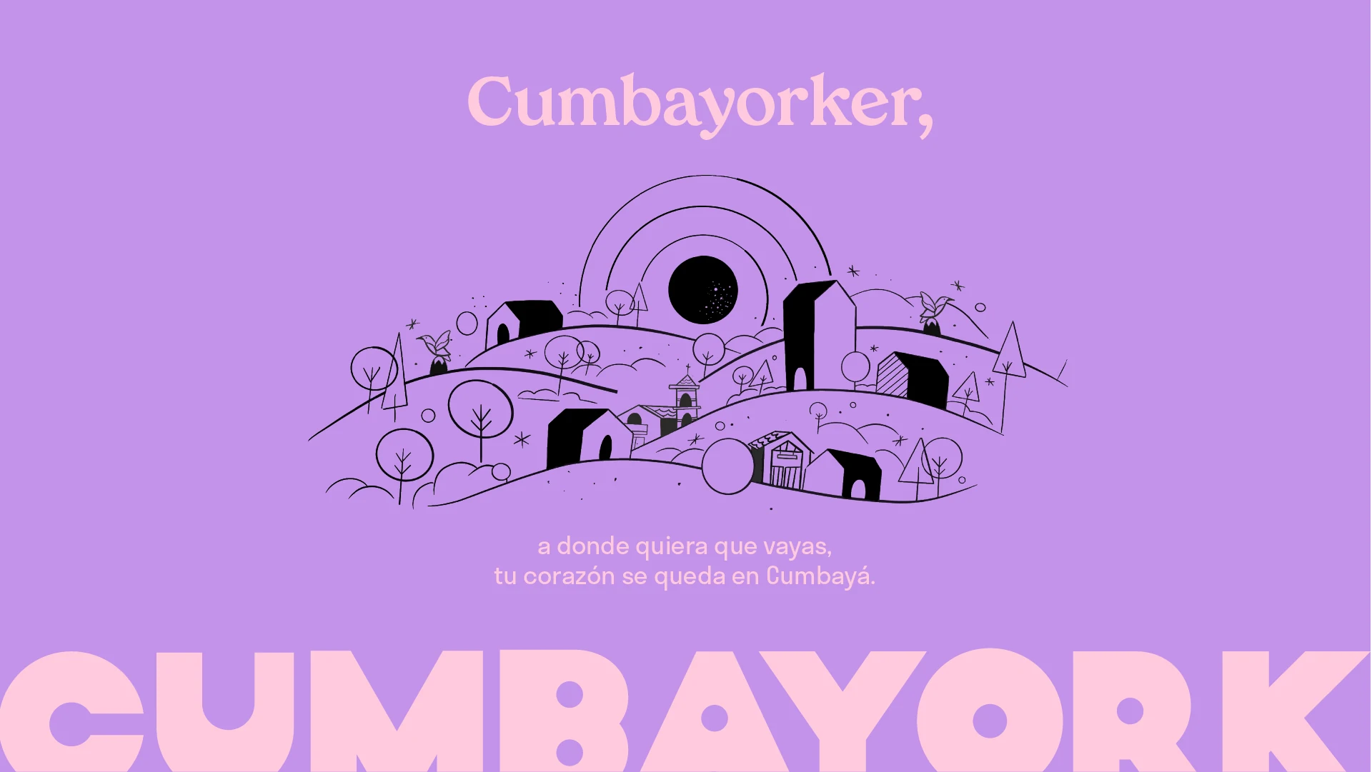 Ilustración de línea de Cumbayork con las colinas y casas de Cumbayá sobre lila