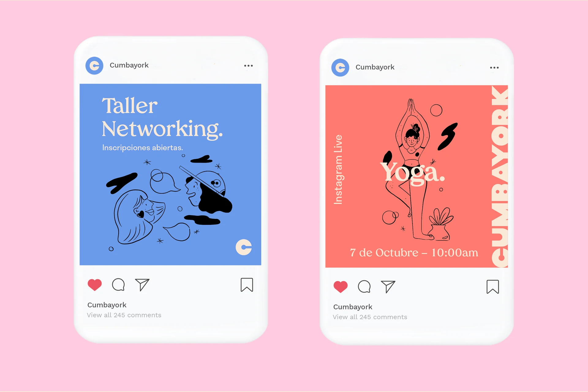 Publicaciones de Instagram de Cumbayork para un taller de networking y una clase de yoga