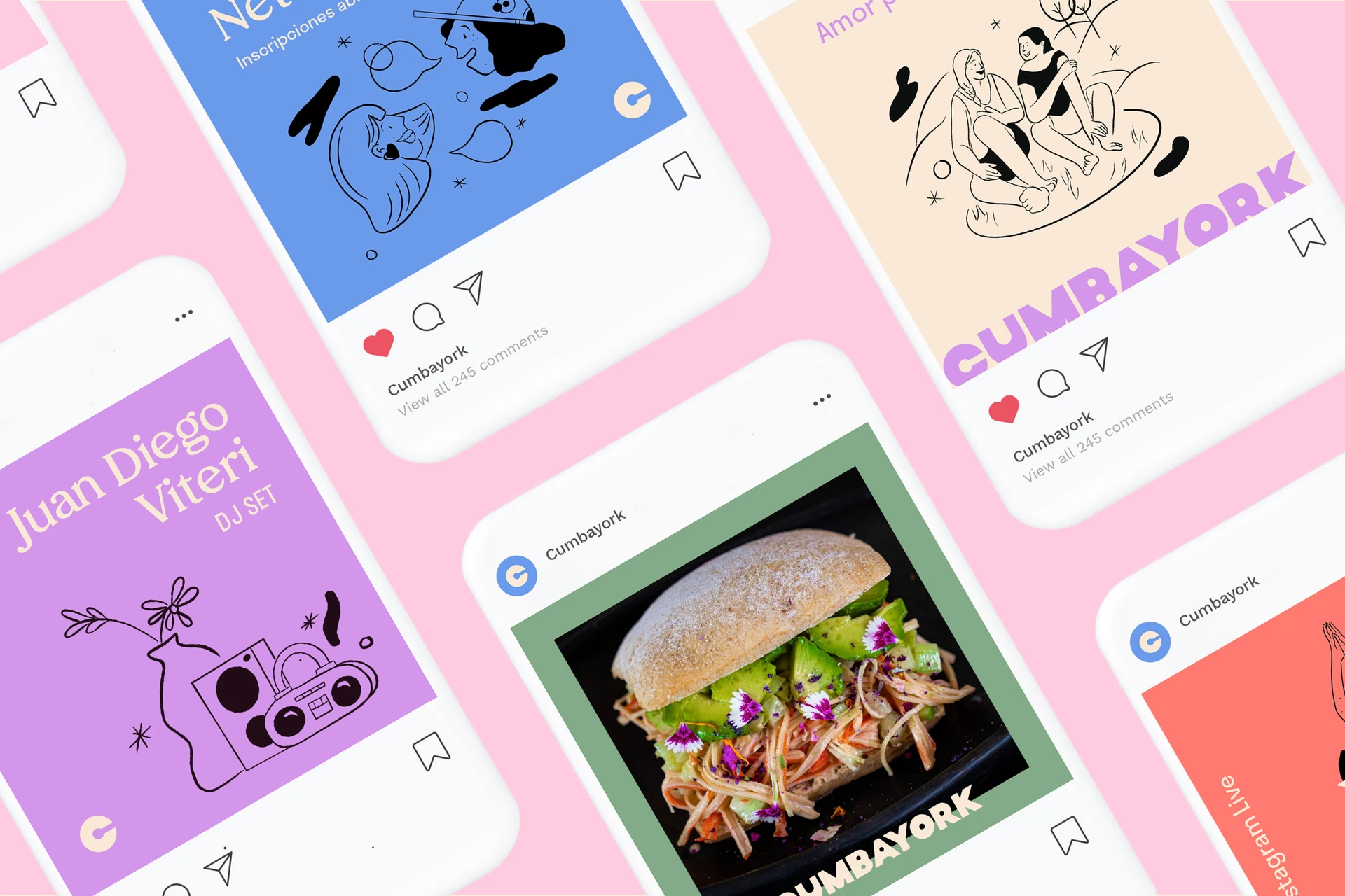 Cuadrícula de publicaciones de Cumbayork con ilustraciones y fotos de comida