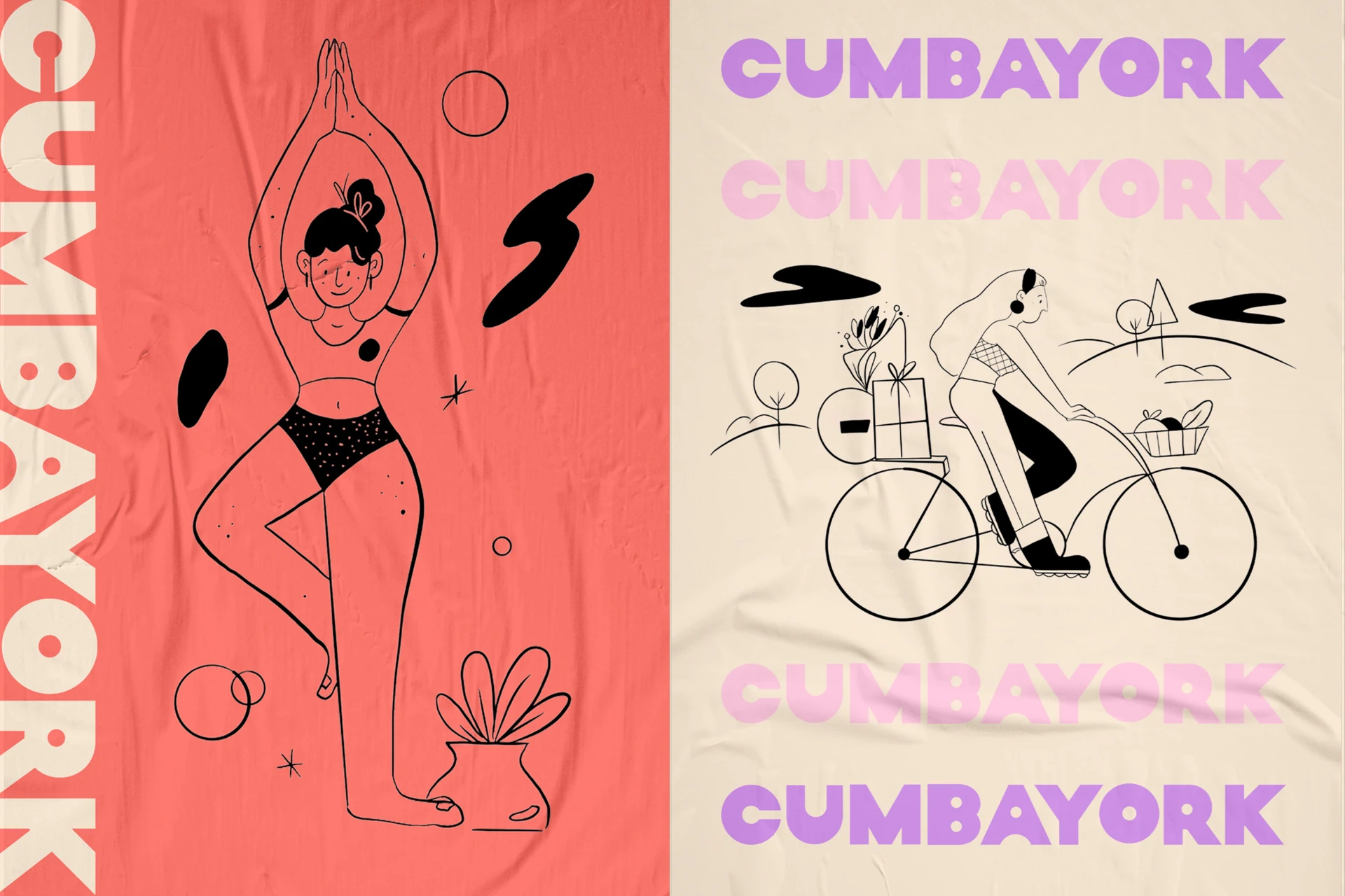 Pósters de Cumbayork con ilustraciones de línea de yoga y ciclismo