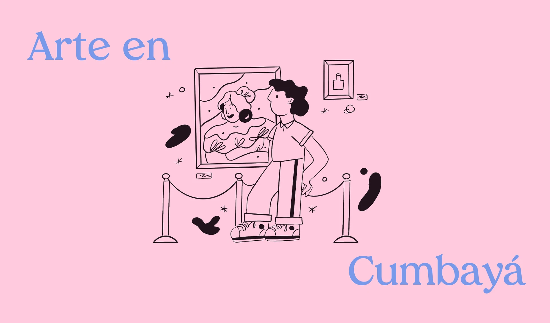 Ilustración “Arte en Cumbayá” de una visitante en galería sobre rosa