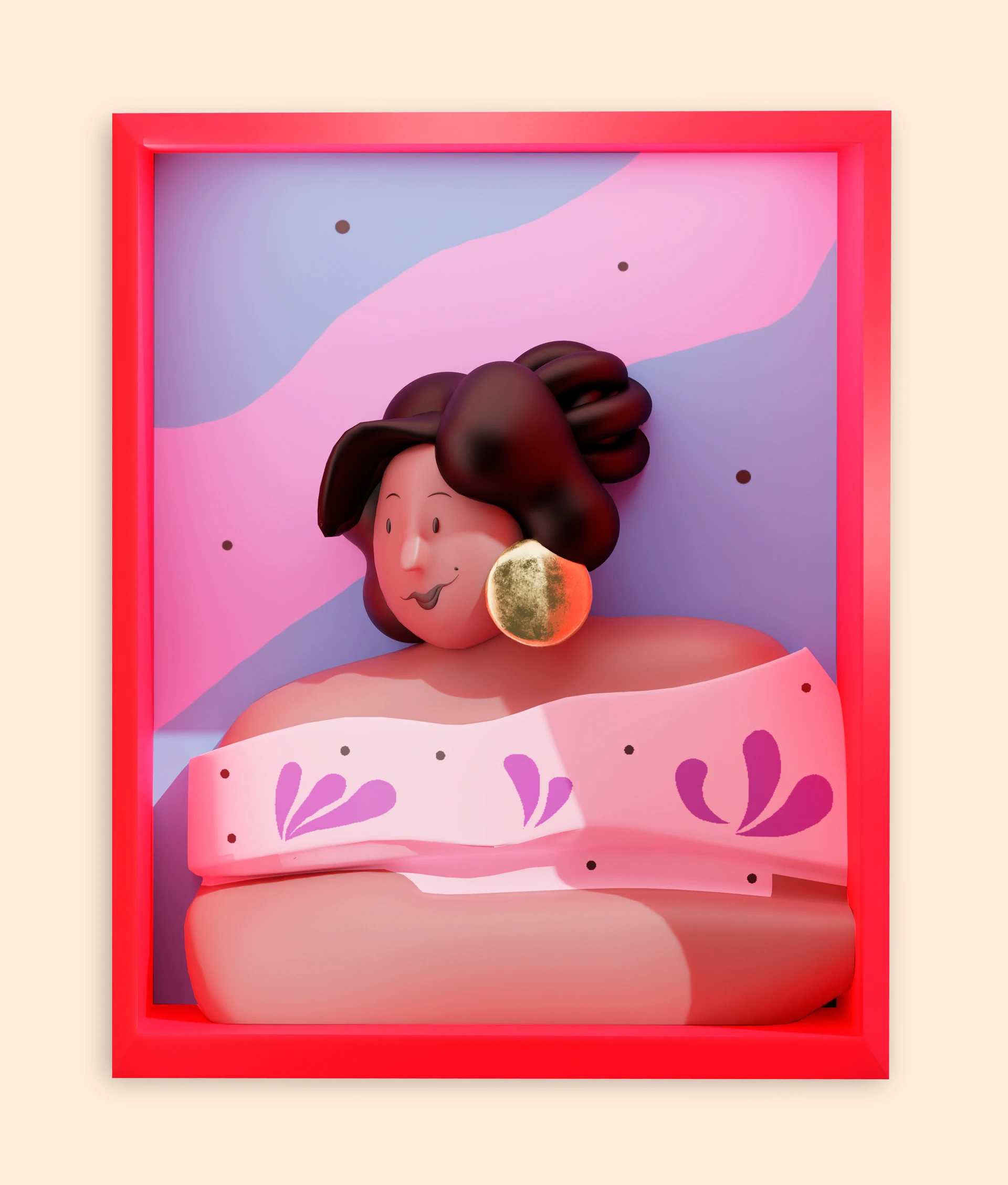 Retrato 3D de una mujer en marco rojo para Cumbayork