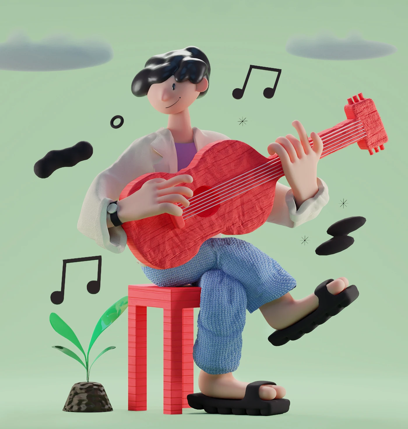 Músico 3D tocando una guitarra roja para Cumbayork