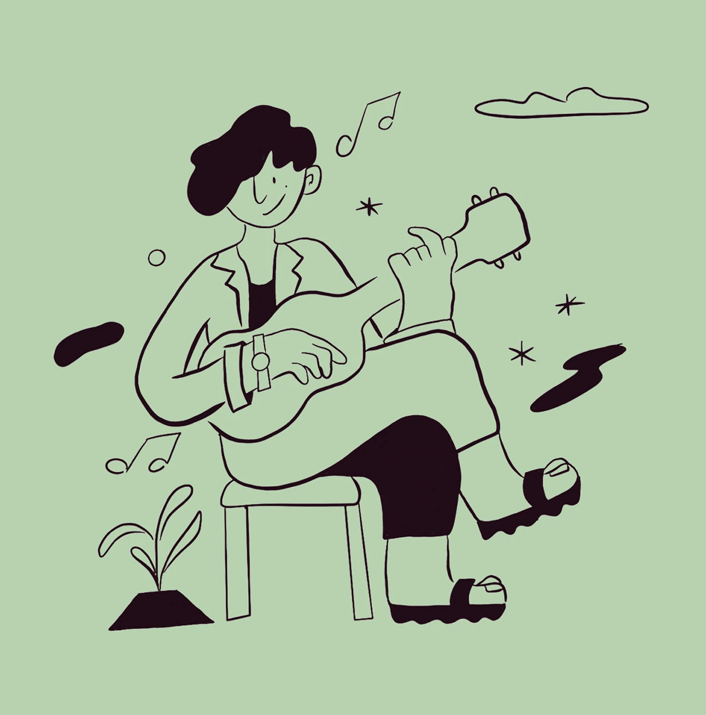 Ilustración de línea de un guitarrista para Cumbayork sobre verde menta