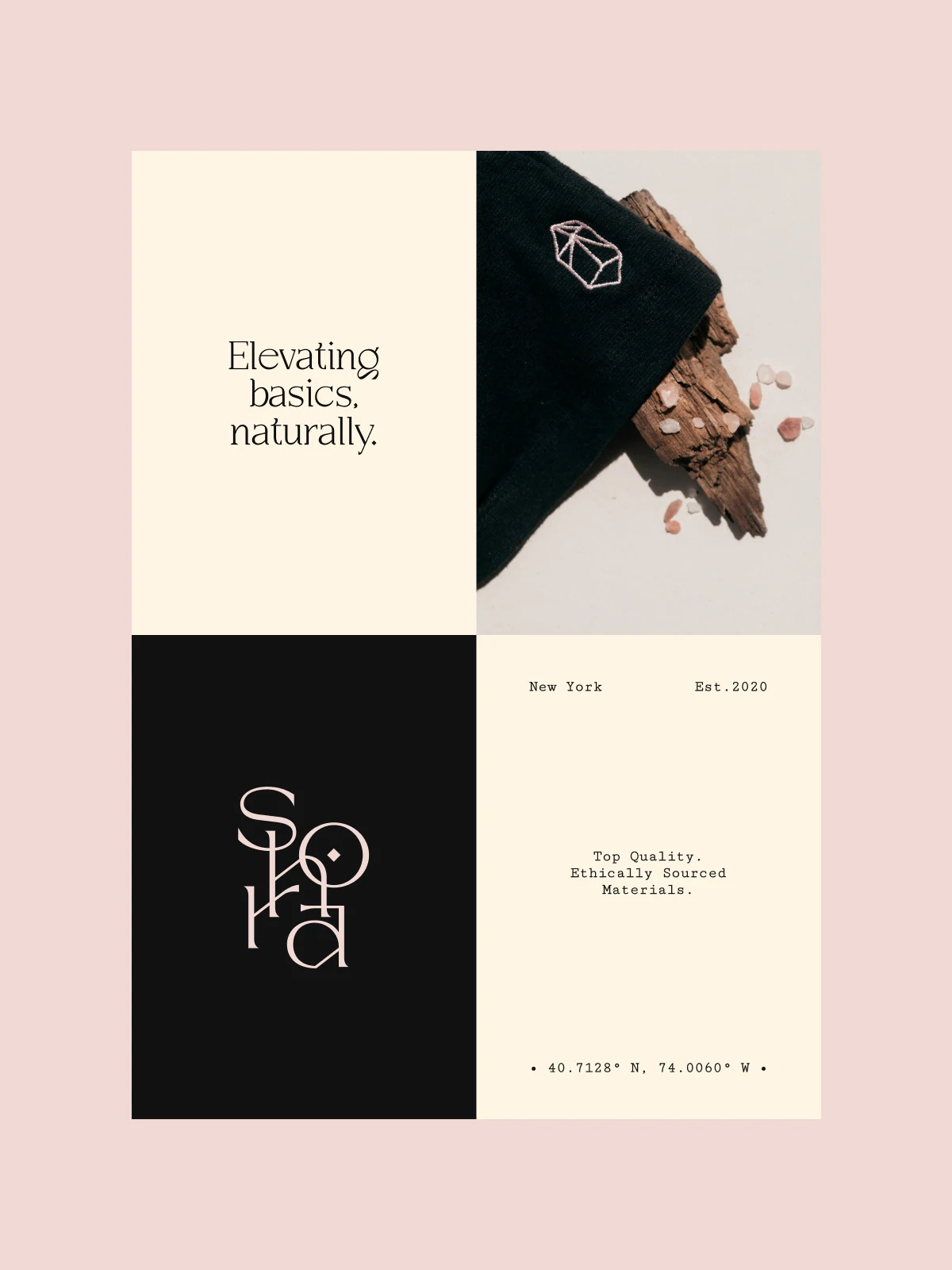 Shora brand layouts: “Elevating basics naturally” and monogram