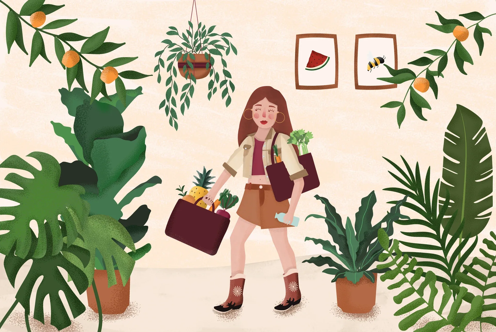 Tierra Serena illustration of a woman shopping among plants